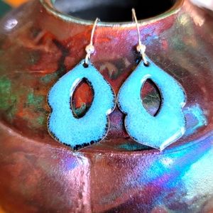 Artisan-made Enamel Crackle Glaze Earrings in Blue and Black